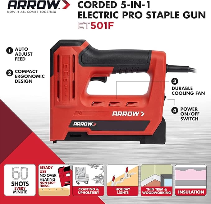 Arrow ET501F Corded 5-in-1 Professional Electric Staple and Nail Gun, Wire Stapler, and Brad Nailer for Upholstery, Framing, Insulation, Crafts, Fencing, and Cable, Black/Red