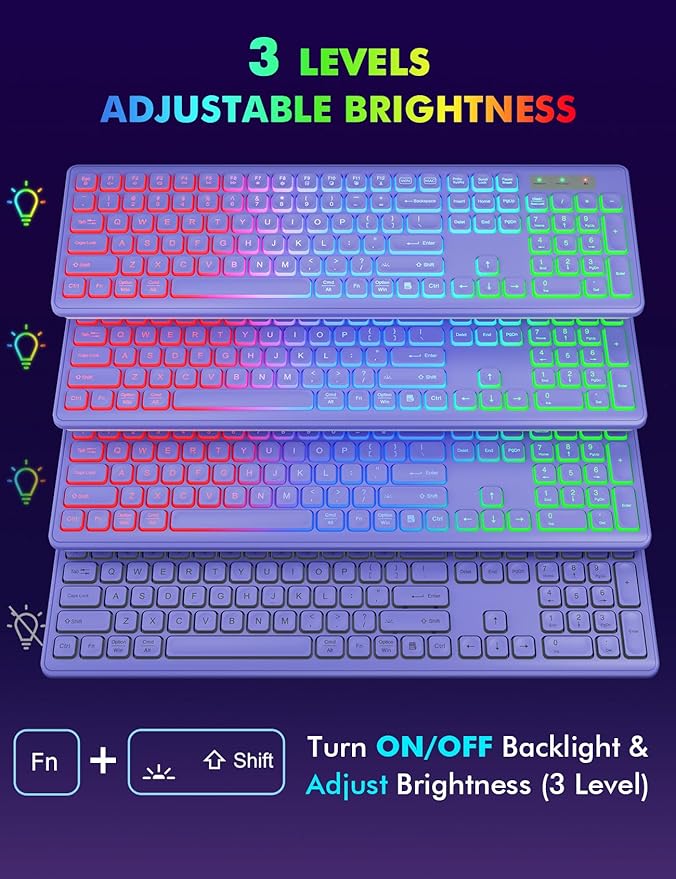 Wireless Keyboard and Mouse Combo, RGB Backlit, Rechargeable & Light Up Letters, Full-Size, Ergonomic Tilt Angle, Sleep Mode, 2.4GHz Quiet Keyboard Mouse for Mac, Windows, Laptop, PC, Trueque(Purple)