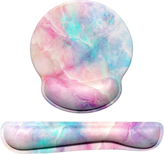 Dapesuom Keyboard Wrist Rest and Mouse Pad with Wrist Support, Cute Memory Foam Cushion for Keyboard and Mouse Set, Desktop Pad Rests with Non Slip Base for Easy Typing & Pain Relief, Colorful Marble