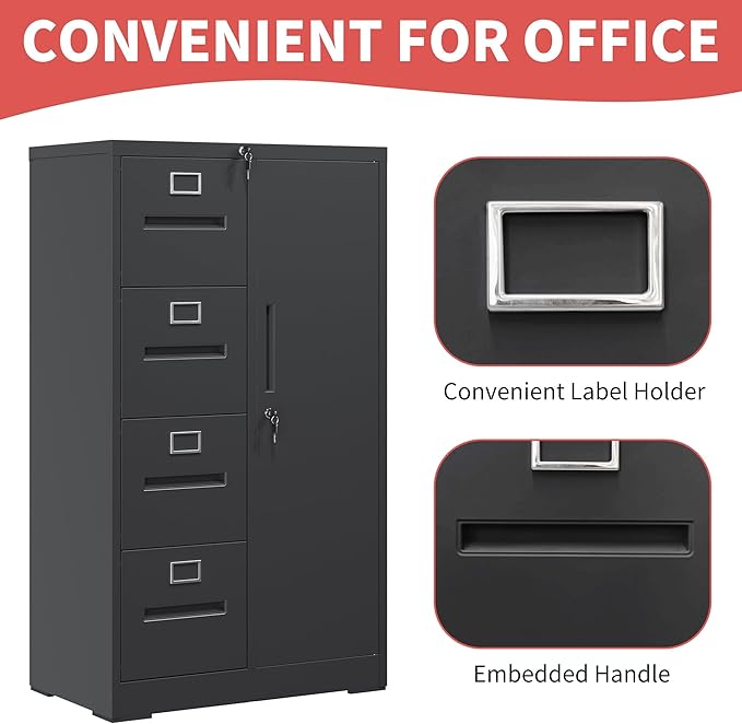 4 Drawer File Cabinet with 1 Door,Metal Storage Locker Cabinets for Employees,Home Office Black Filing Cabinets for Legal/Letter Size Files,Assembly Required