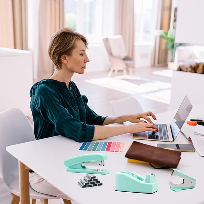 Mint Green Desk Accessories, Teal Office Supplies, Stapler and Tape Dispenser Set, Teal Desk Accessory Kit, Gift for Students, Women, Coworkers, Boss Lady, Office Clerks