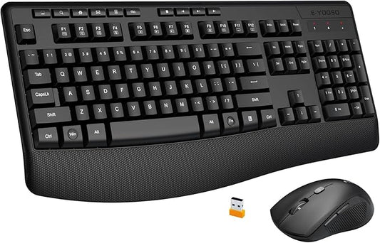 E-YOOSO Wireless Keyboard and Mouse Combo,Silent Soft Touch Quiet Keyboard Less Noise 90%,Ergonomic with Wrist Rest,2.4GHz 104 Keys Full Size,2400 DPI Mouse,for PC Computer/Laptop/Mac/Tablet,Black