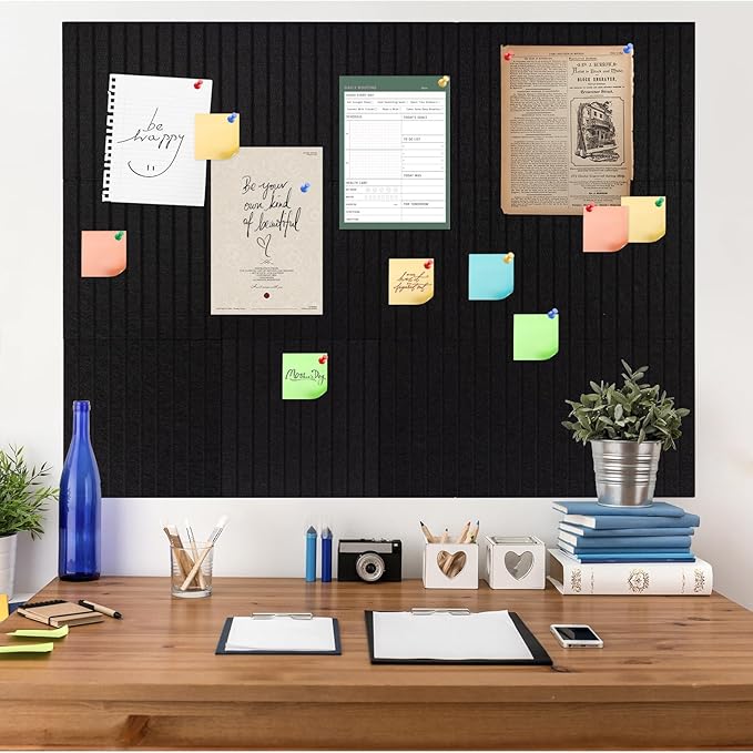 Large Cork Board Alternative, 15 Pack Felt Board with Safe Removable Adhesive Tabs Felt Wall Tiles, Large Cork Boards for Walls, Cork Board for Home Office, Pin Boards for Walls, Stripe Black