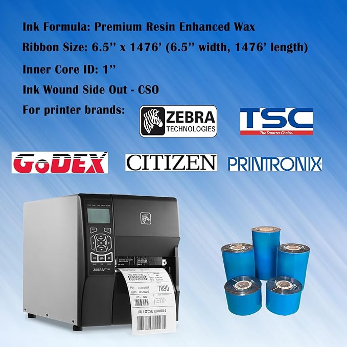 6.5'' x 1476' Premium Resin Enhanced Wax Ribbon, 165mm x 450m Black Thermal Transfer Ribbon, Barcode Thermal Label Printer Ribbon, CSO-Ink Outside, 1'' Core for Zebra, TSC, GoDex, Citizen (1 Roll)