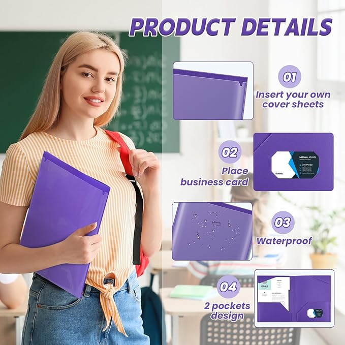 Henoyso 200 Pcs Plastic Folders with Clear Front Pockets Bulk Heavy Duty File Folders with 2 Pockets and Card Slot for Student Teacher Back to School Supplies Office Presentation (Purple)