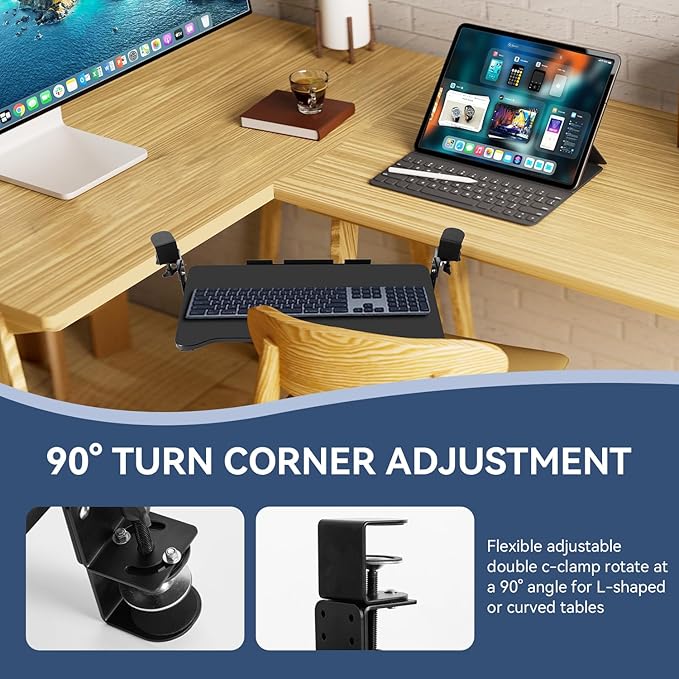 VUSIGN Keyboard Tray Under Desk Height Adjustable,Pull Out with Adjustable C Clamp Mount System for L-Shaped Tables, Extra Sturdy, 26.4” x 11.8” Slide-Out Platform Computer Drawer for Typing, Black