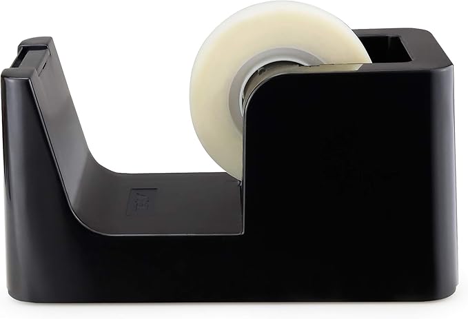 ABEL SimpleWork Desktop Tape Dispenser, Black, 1 in Core, Non-Skid Weighted Base, Tape Cutter for Office, Home, School, and Crafts