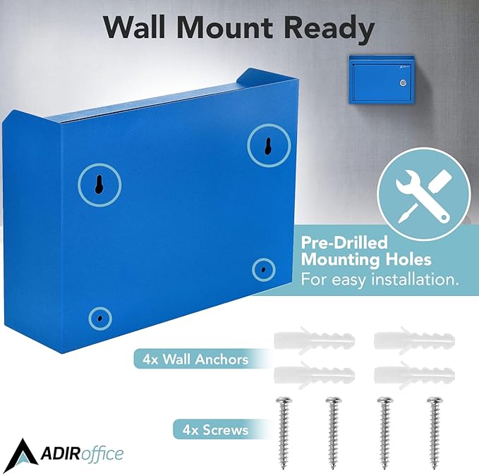 Adir Corp Suggestion Box with Slot and Lock - Drop Box with Lock, Cash Dropbox - 9.8x7.5x3.4 Inches Wall Mount Donation Box - Metal Deposit Box (Blue)