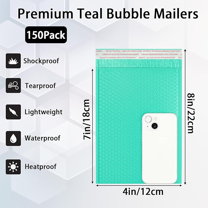 150 Pack 4x8 Inch Poly Bubble Mailers, Padded Envelopes with Self Seal Adhesive Strip, Waterproof Lightweight Mailing Shipping Bags for Thick Books Clothes Holiday Gifts Business Packaging