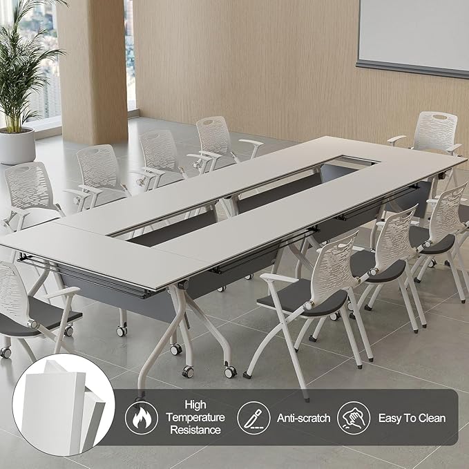 Conference Table, Folding Conference Desk Modern White, Seminar Table with Wheels, 2-10 People for Office, Meeting Break Room(6, 1606YH, 55IN)