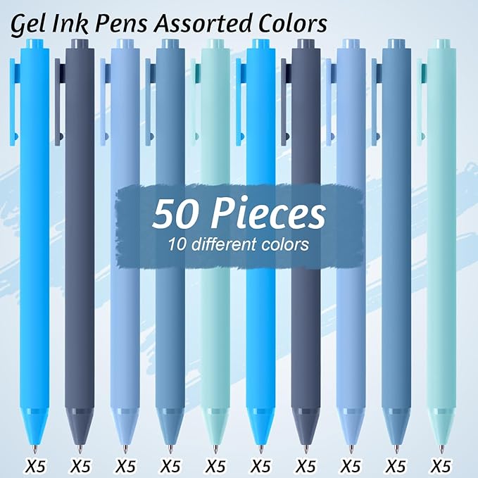 Crtiin 50 Pcs Gel Ink Pens Bulk Black Ink, Smooth Writing Cute Colorful Pens for Back to School First Day of School Teacher Student Server Office Supplies Staff Party Favor Gifts (Blue Series)