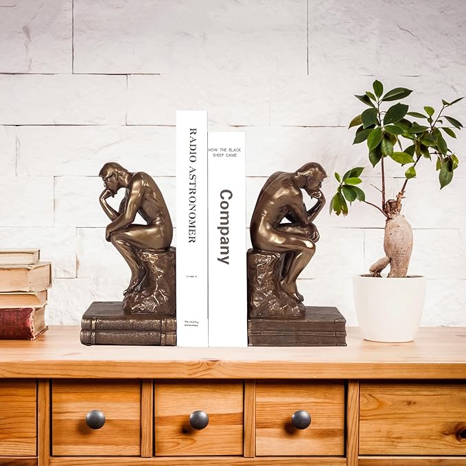 Cool Bookends Gold Decorative Unique Book Ends Book Stopper The Thinker Statue Sculpture Home Decor (2 Pack)