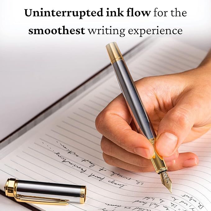 Luxury Fountain Pen Set- Fountain Pens for Writing - Smooth Fine Nib - Includes Refillable Ink Converter, 3 Ink Cartridges [Black & Blue], Gift Box - Elegant Calligraphy