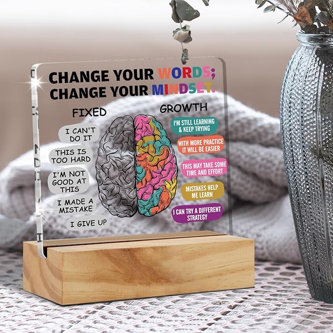 Positive Gifts for Her & Him: Encouragement Growth Mindset Acrylic Desk Plaque Sign with Wood Stand - Keepsake Present