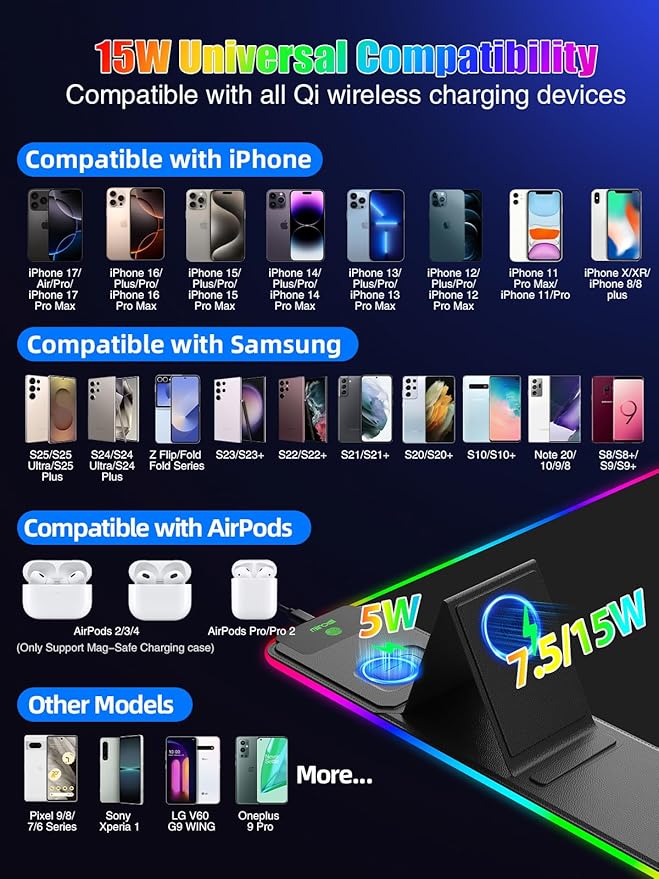 Mouse Pad with Foldable Phone Holder & Wireless Charger, XXL RGB Gaming Mousepad 31.5"x15.8" Large Desk Mat for Keyboard, Black Desk Pad with Dual Qi Charging Station | 11 Colors 5 Modes | Waterproof