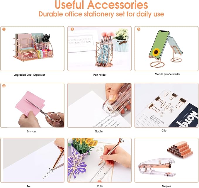 Rose Gold Desk Organizers and Accessories Office Supplies Set Stapler, Pen Holder, Phone Holder, Scissors, Pen, Ruler, 30 Paper Clips, 22 Binder Clip, 20 Tacks and 1000pcs Staples