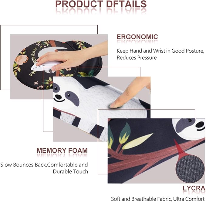 ArtSo Upgraded Wrist Rest Support for Mouse Pad & Keyboard, Ergonomic Gel Mousepad Non-Slip Rubber Base Home,Office Pain Relief, Easy Typing Cushion with Neoprene Cloth, Soft Memory Foam, Cute Sloth