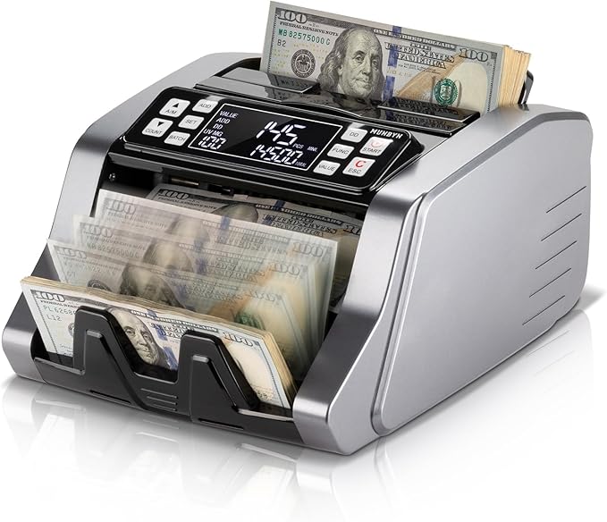 MUNBYN IMC20 Money Counter Machine with Value Count, UV/MG/IR/MT Counterfeit Detection for Dollar/Euro Bill Counter, Add/Batch/Value Mode Cash Counter, LED External Display, 2Y Protection
