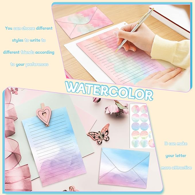 TaoBary 160 Pcs Stationery Paper Set 50 Double Sided Stationery Papers with 50 Matching Envelopes and 60 Round Dot Sticker, 10 Design(Watercolor,5.5 x 8.25 Inch)