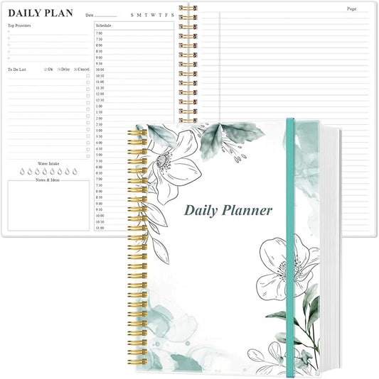 Daily Planner Undated - 8.5" x 11" To Do List Notebook Hourly Schedules, 150 Sheets/300 Pages Spiral Appointment Planner for Women and Men,PVC Hardcover, Inner Pocket, Elastic Closure, Teal Flowers