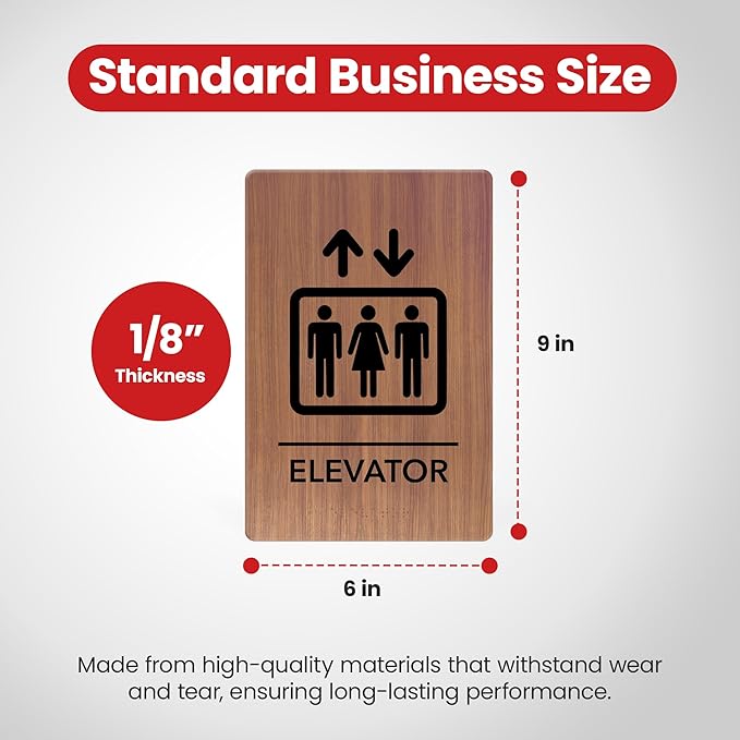 Promot Elevator Sign – ADA Braille Elevator Decor for Business, Self-Adhesive, 9" x 6", Commercial Door Signage, Office Wall Decor - Chestnut