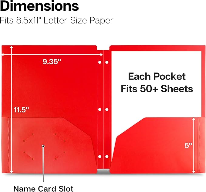 Dunwell Plastic 2-Pocket Folders for 3-Ring Binders, (3 Pack, Red) 3 Hole Punched, Divider Folder for Notebooks, Long Lasting Poly, Fits 8.5x11 Sheets, Includes Labels