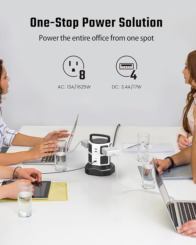 Tower Surge Protector Power Strip, JACKYLED Extension Cord with Multiple Outlets, 8 Outlets 4 USB Ports(2 USB C) 1625W/13A Retractable Cord Charging Station with 1050J Protection, Home Office Supplies