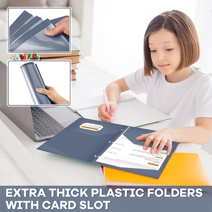 Henoyso 60 Pcs 2 Pocket Plastic Folders with Clear Front Pocket 3 Hole Punched File Folder Letter Size Take Home Documents Holder for Paper Holder Office Business Back to School Supply (Navy Blue)