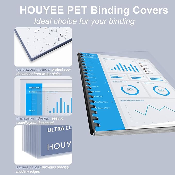 HOUYEE 100 Pack Ultra Clear Binding Presentation Covers, Clear Report Covers, Polythylene Terephthalate,12 Mil,8-1/2 x 11 Inches, Letter Size