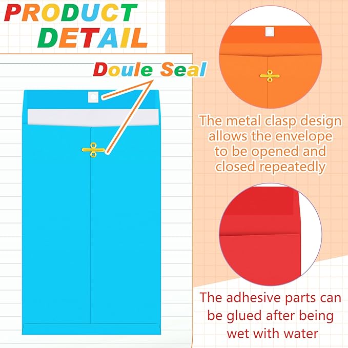 Geyee 100 Pcs Clasp Manilla Envelopes 6 x 9 Inch Gummed Colored Envelopes for Storing or Mailing for Home Office Business Supplies(Multicolor)