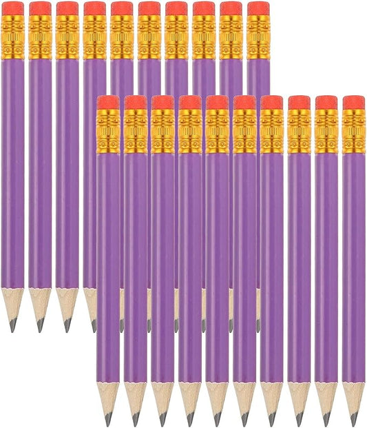 MECCANIXITY Golf Pencils with Erasers, 4" HB Mini Half Pencils Pre Sharpened Small Pens for Wedding Bridal Shower Game Office Writing Drawing(Purple, Pack of 20)