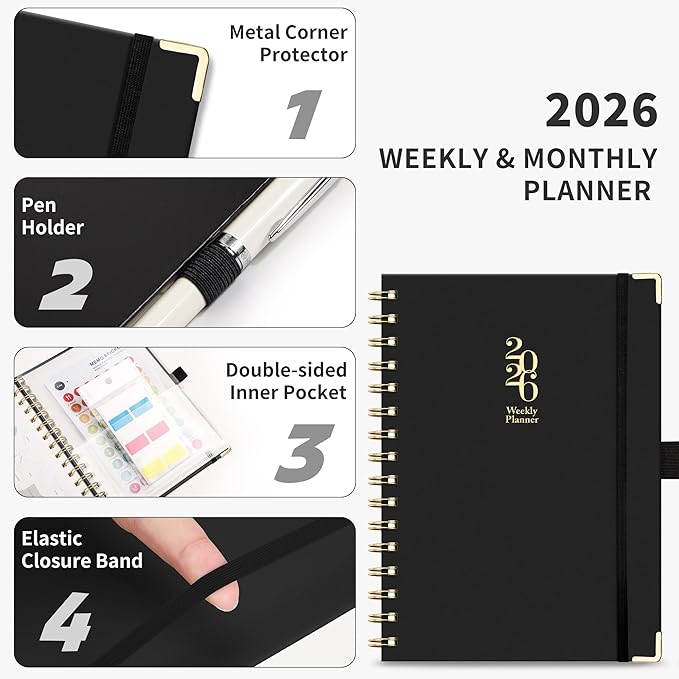 2026 Planner, Weekly and Monthly, A5 Size (5.7" x 8.3"), Jan 2026 - Dec 2026, Calendar, To-do List, Agenda, 12-Month Tabs, Hardcover, 100 GSM Thick Paper, Spiral-bound (Black)