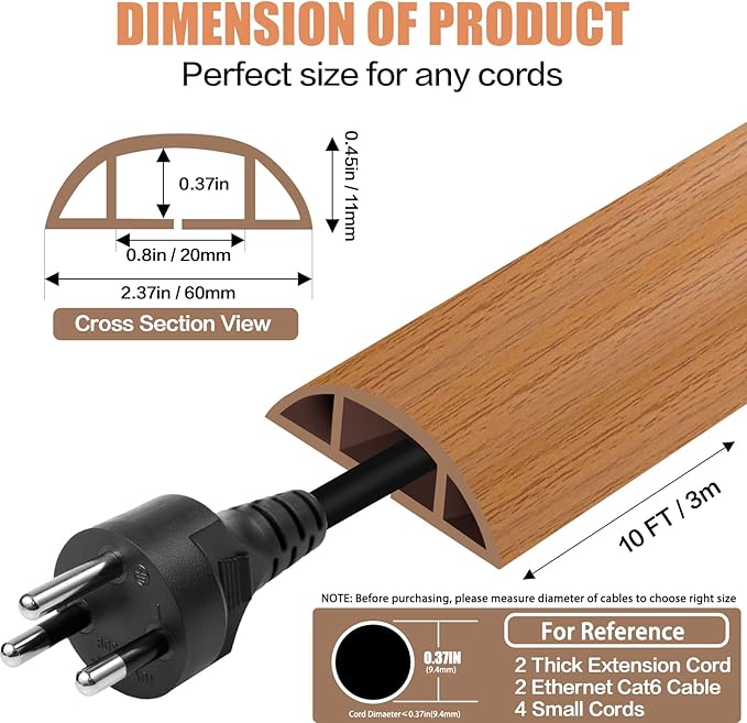 Floor Cord Cover Cavity 0.8"x0.37" Self Adhesive Cord Hider, 10FT Low Profile Cable Management, Extension Strip Protector for Wires, Prevent Cable Trips for Offices, Gyms, Exhibitions (Brown Wood)