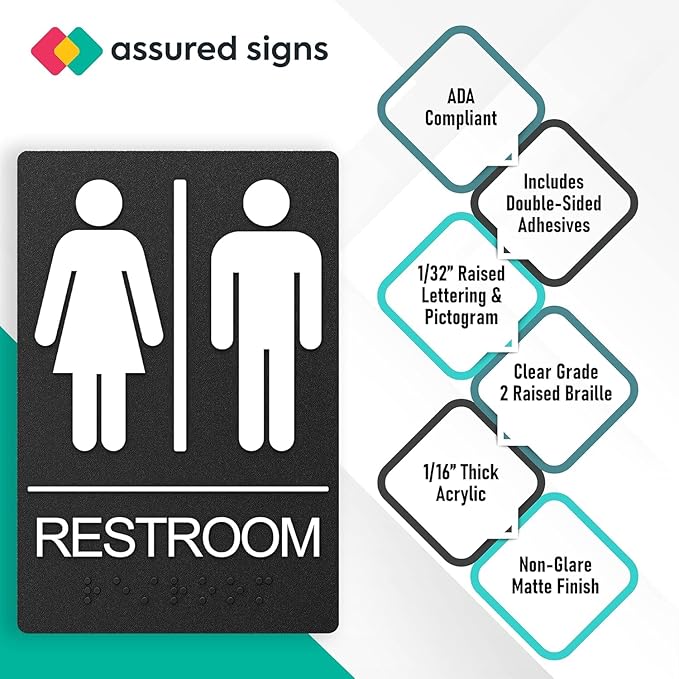 ASSURED SIGNS Unisex Bathroom Signs, Restroom Sign For Business - For Men and Women - 10 Pack - 9" by 6" - ADA Compliant with Braille - Strong Double-Sided Adhesives Included - Apply to Office, Home, Public Door/Wall