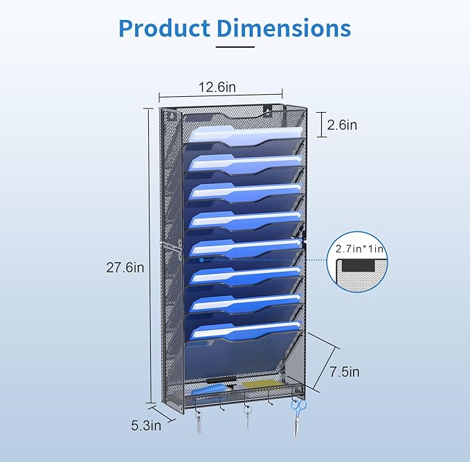 OUTWOLF 10 Tier Hanging Wall File Organizer Wall Mount Paper Document Folder Holder with Hooks for Home Office Organization