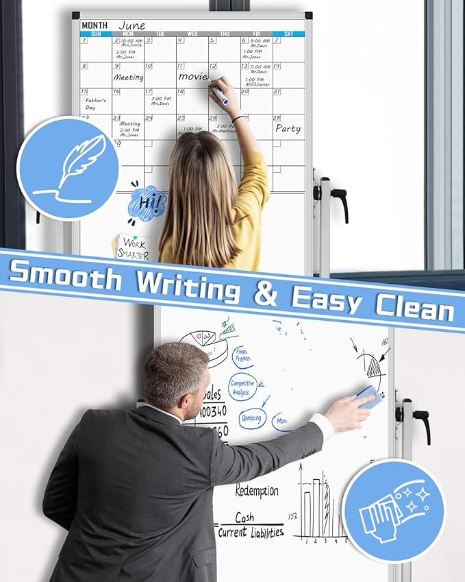 XBoard Rolling Moblie Whiteboard, 44x30 inches Double Sided Magnetic Dry Erase Board with Stand for Homeschool, Live Stream, Office, School (Calendar 44x30-Inch)