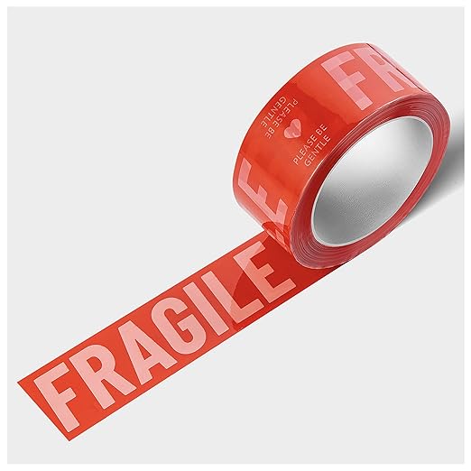 Fragile Packing Tape, Please Be Gentle, Red Pink Cute Designer Packaging and Shipping Tape for Small Business - Printed Tape for Moving, 1.88" x 110 Yards (330 feet)