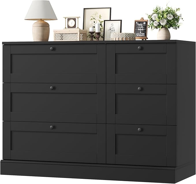 HOSTACK 6 Drawer Dresser, Dresser for Bedroom, Wood Wide Chest of Drawers, Modern Drawer Chest for Living Room, Entryway, Hallway, Black