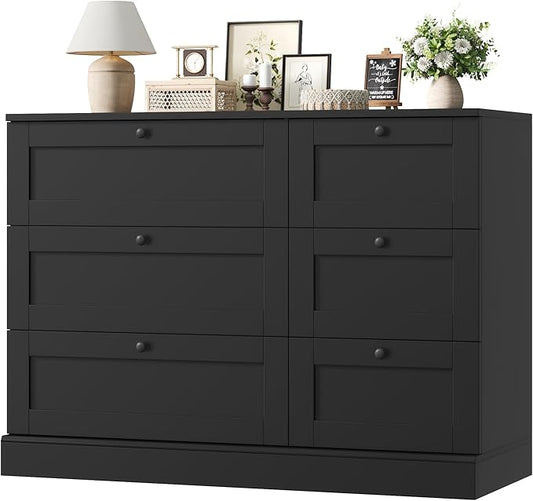 HOSTACK 6 Drawer Dresser, Dresser for Bedroom, Wood Wide Chest of Drawers, Modern Drawer Chest for Living Room, Entryway, Hallway, Black