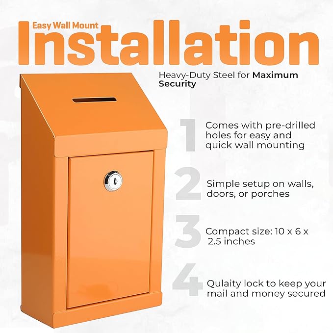 Metal Donation Box-Suggestion Box with Slot and lock-Cash Lock box for Money-Secure Drop Box-Comment and ballot voting box-comes with pre-drilled holes for easy wall mounting 10 X 6 X 2.5"(Orange)