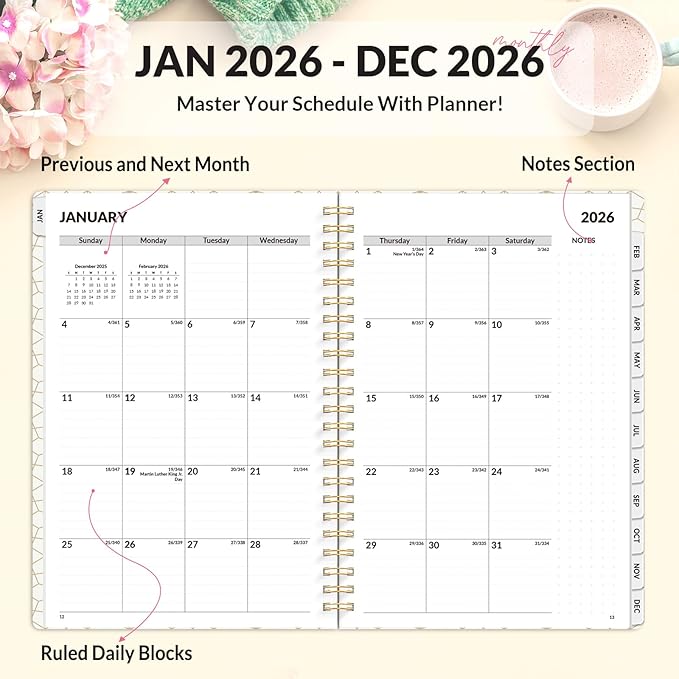 SUNEE Planner 2026 Weekly and Monthly, January 2026-December 2026, 6.4"x8.3", Tabs, Note Pages,Spiral Binding, Watercolor Flowers