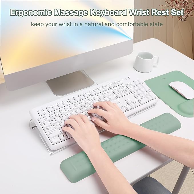 MOSISO Computer Keyboard Stand&Wrist Rest Support for Keyboard &Mouse Pad Set, Ergonomic Massage Wrist Rest Set, Easy Typing Working Acrylic Clear Stand for Office Home, Antique Green