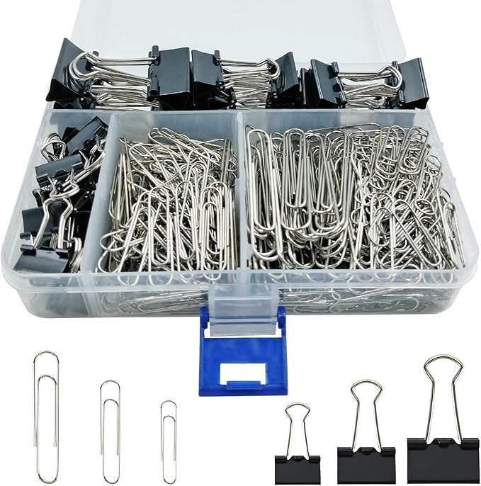 340 PCS Paper Clips and Binder Clips Assorted Sizes, Large Medium Small Silver Paperclips&Black Binder Clip Set for Home&School&Office Document Organizing,Supplies Desk Essentials in Container
