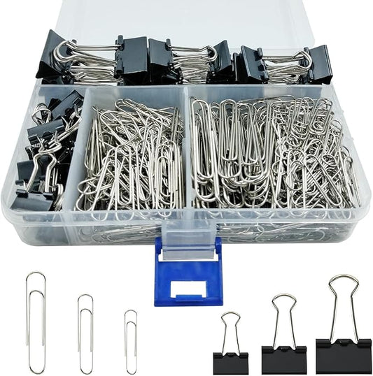 340 PCS Paper Clips and Binder Clips Assorted Sizes, Large Medium Small Silver Paperclips&Black Binder Clip Set for Home&School&Office Document Organizing,Supplies Desk Essentials in Container