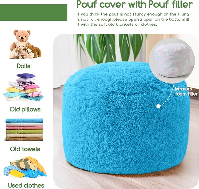 HIGOGOGO Round Stuffed Pouf Ottoman, Long Faux Fur Poufs with Foam Chunk Filling, Fluffy and Furry Pouf Foot Stool Storage Ottoman, 26 X 18 Floor Poufs Foot Rest for Living Room, Blue