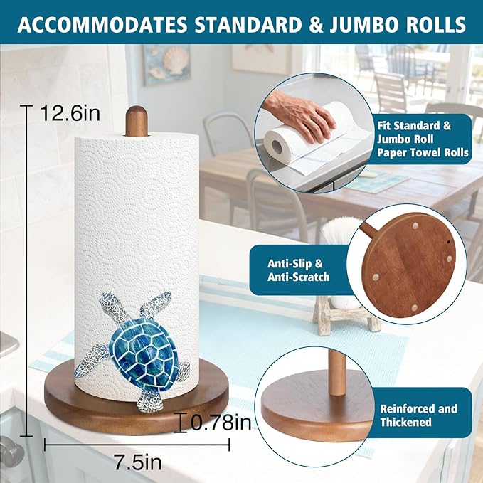 Turtle Paper Towel Holder Countertop, 3D Modern Marine Kitchen Counter Decor, Cute Resin Turtle Wooden Stand for Bathroom & Home Indoor Table, Winter Xmas Gift for Women, Housewarming Gifts, Blue