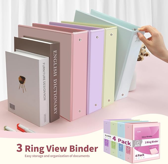 SUNEE 3 Ring Binders 2 Inch 4 Pack, Clear View Binder Three Ring PVC-Free (Fit 8.5x11 Inches) for School or Office Supplies, Assorted Pastel
