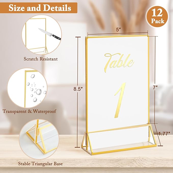 Floroom 12 Pack 5x7 Inch Clear Acrylic Sign Holders, Double-Sided Gold Display Stand Picture Frames for Table Numbers, Menus, Flyers, Weddings, and Offices