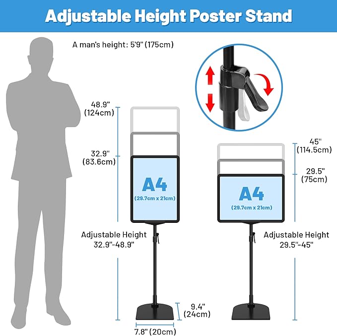 Sign Holder Stand A4, Adjustable Poster Stand for Table Top & Floor, Metal Signage Display Stands, Floor Standing Sign Holder for Advertisement, Tradeshow, Store, Business, 2 Pack