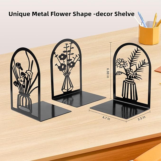 3 Pairs Metal Book Ends, Flower Bookends for Shelves Decorative, Book Stopper for Heavy Books, Ends to Hold Books for Home Office